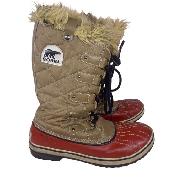 Sorel Shoes - Sorel Tan Red Winter Fur Lined Snow Boots